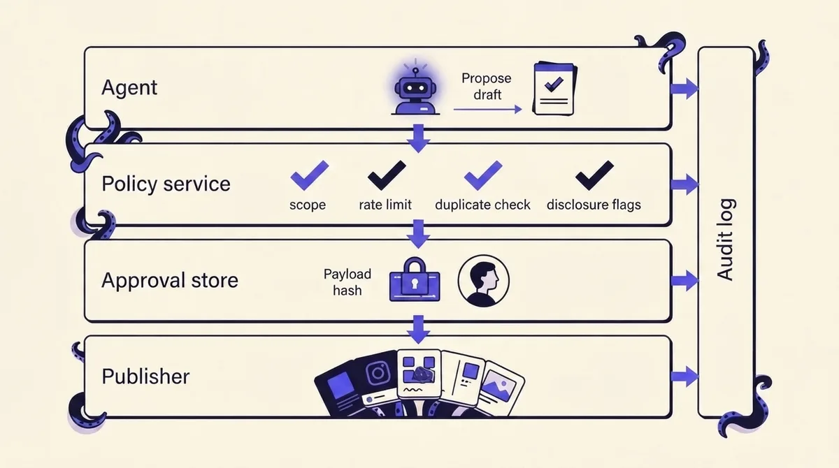 Layered architecture diagram showing agent, policy service, approval store, publisher, and an audit log capturing every layer
