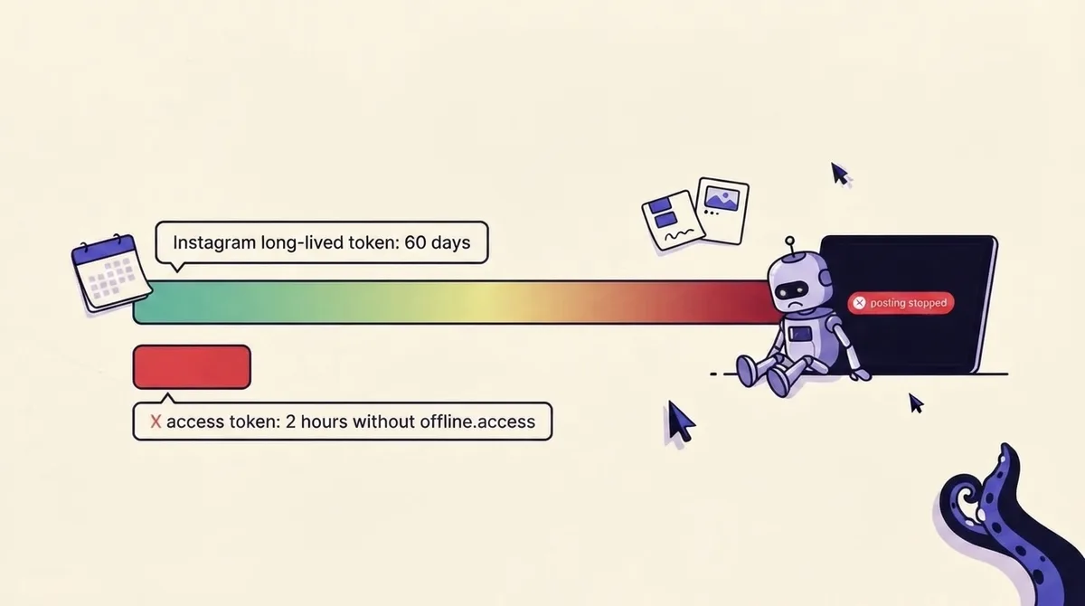 Timeline showing a 60-day Instagram token countdown and a 2-hour X token, ending with an agent unable to post