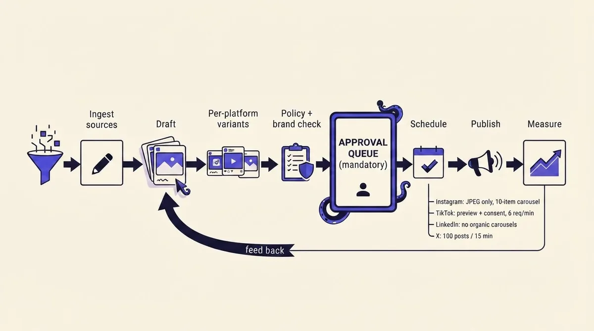 Reference architecture diagram of an agent driven publishing loop with a mandatory approval queue