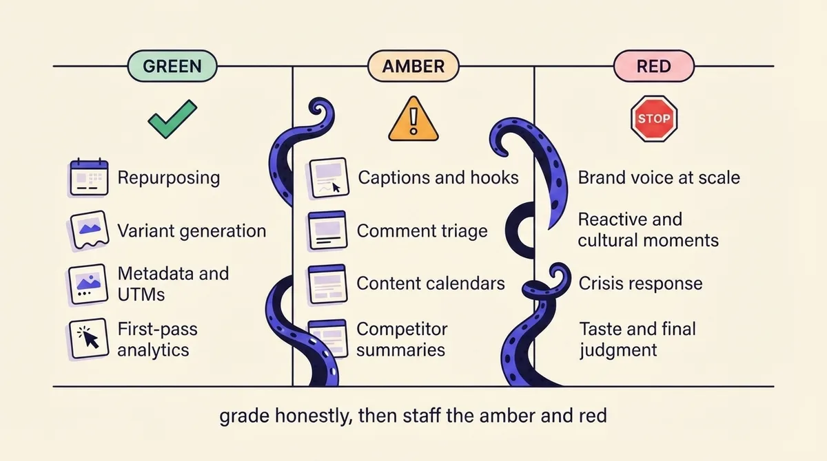 Three column capability map grading AI social media tasks green, amber and red