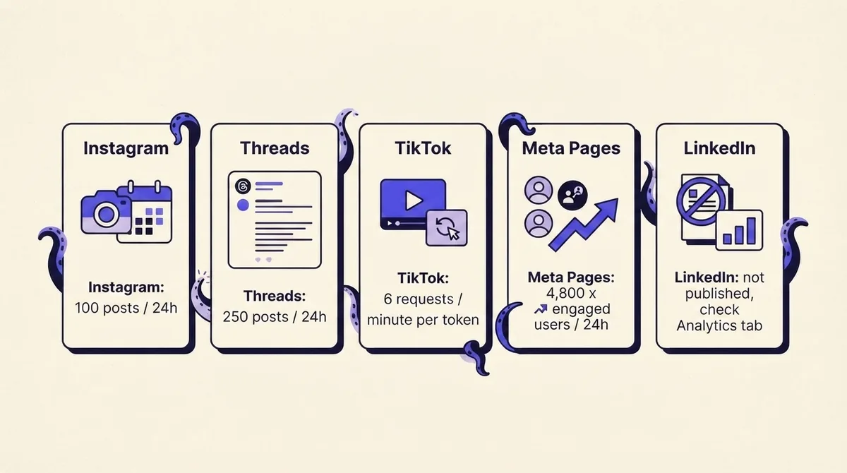 Comparison cards showing publishing API limits for Instagram, Threads, TikTok, Meta Pages, and LinkedIn
