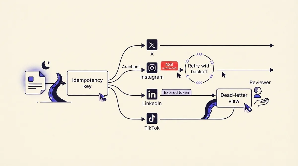 Publishing queue flow showing a scheduled post fanning out to platform legs, with one leg rate limited into a retry loop and another routed to a dead-letter view