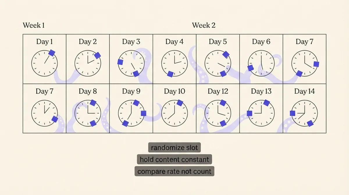 A 14 day calendar grid with posting slots rotating across hour blocks and labels for randomizing slots and holding content constant