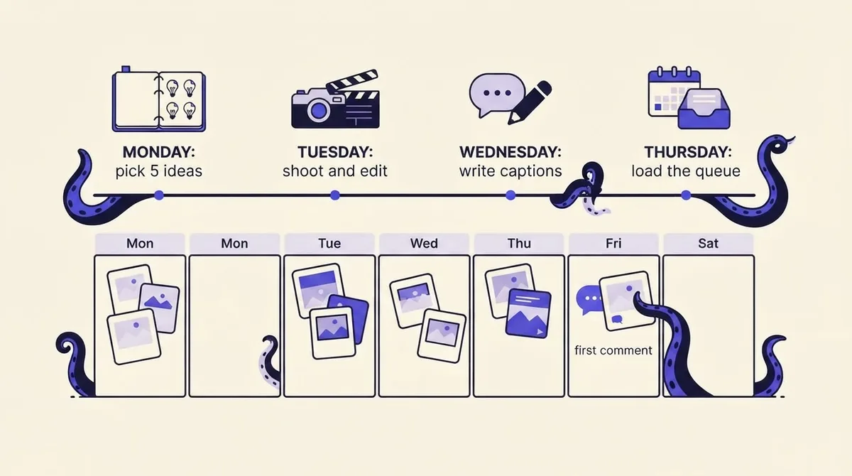 A weekly timeline with four milestones from picking ideas to loading the queue