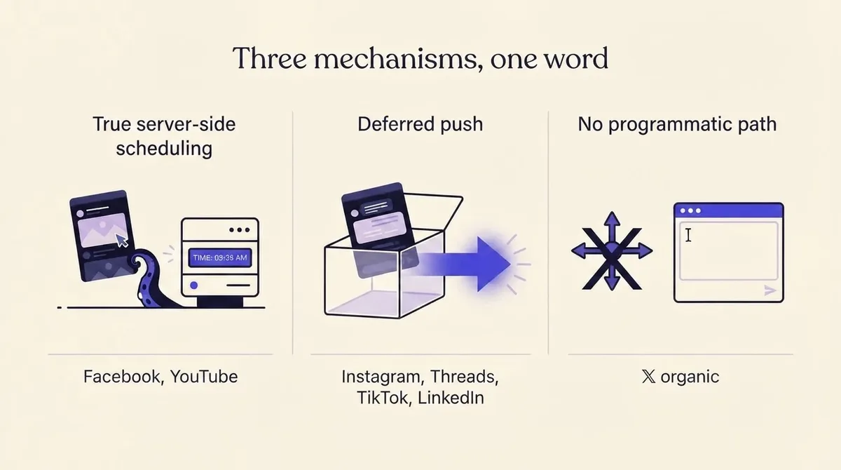 Diagram comparing true server-side scheduling, deferred push, and no programmatic path across the seven platforms
