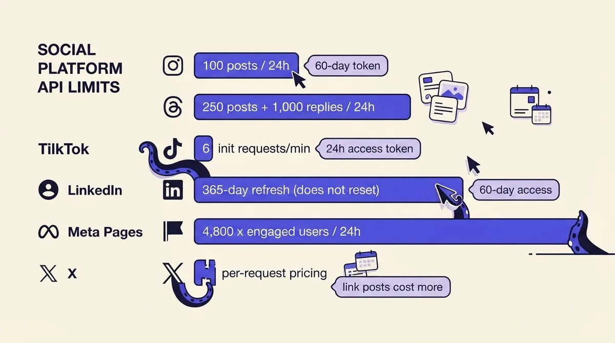 Reference chart comparing publishing ceilings and token lifetimes across Instagram, Threads, TikTok, LinkedIn, Meta Pages and X