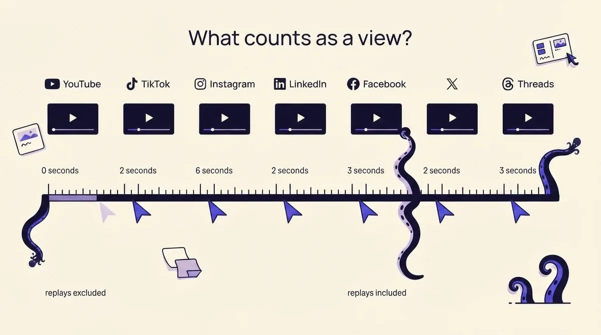Diagram comparing where each platform's video view threshold falls on a timeline from zero to fifteen seconds