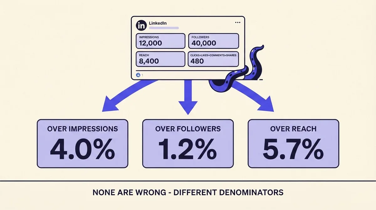 One post's stats fanning into three engagement rates computed over impressions, followers and reach