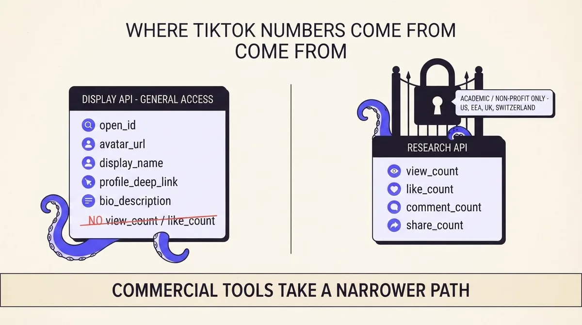 Two API paths for TikTok data, one general-access without metrics and one gated research API with them