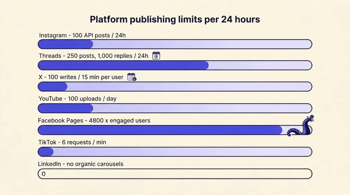 Diagram of publishing rate limits for Instagram, Threads, X, YouTube, Facebook Pages, TikTok and LinkedIn
