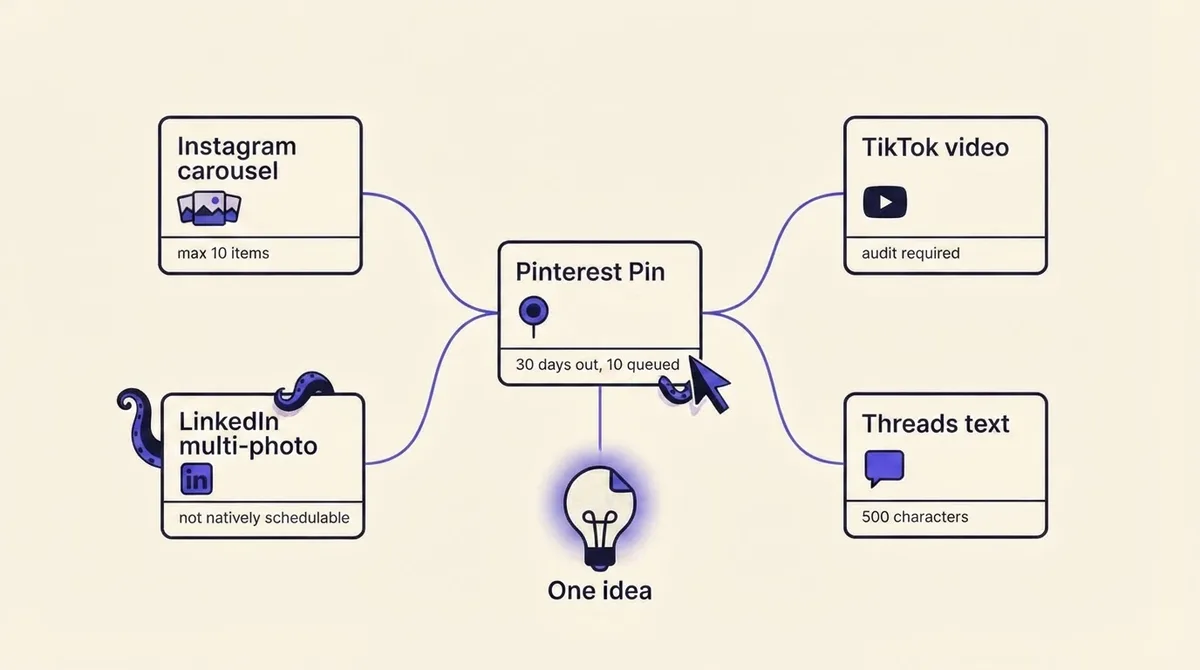 Diagram showing one content idea branching into five platform outputs, each labeled with its documented constraint: Instagram carousel ten items, LinkedIn multi-photo not natively schedulable, Pinterest thirty days and ten queued, TikTok audit required, Threads five hundred characters