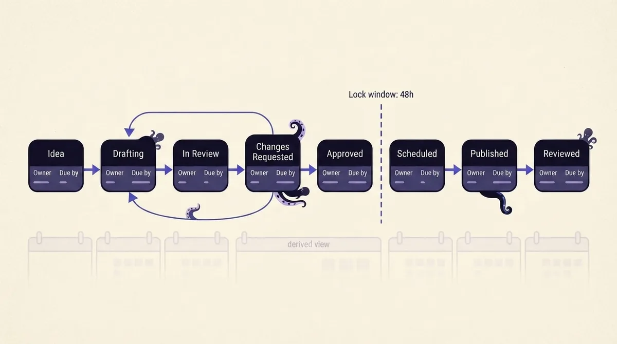 Diagram of a post state machine from Idea through Drafting, In Review, Changes Requested, Approved, Scheduled, Published and Reviewed, with a lock window marked before scheduling