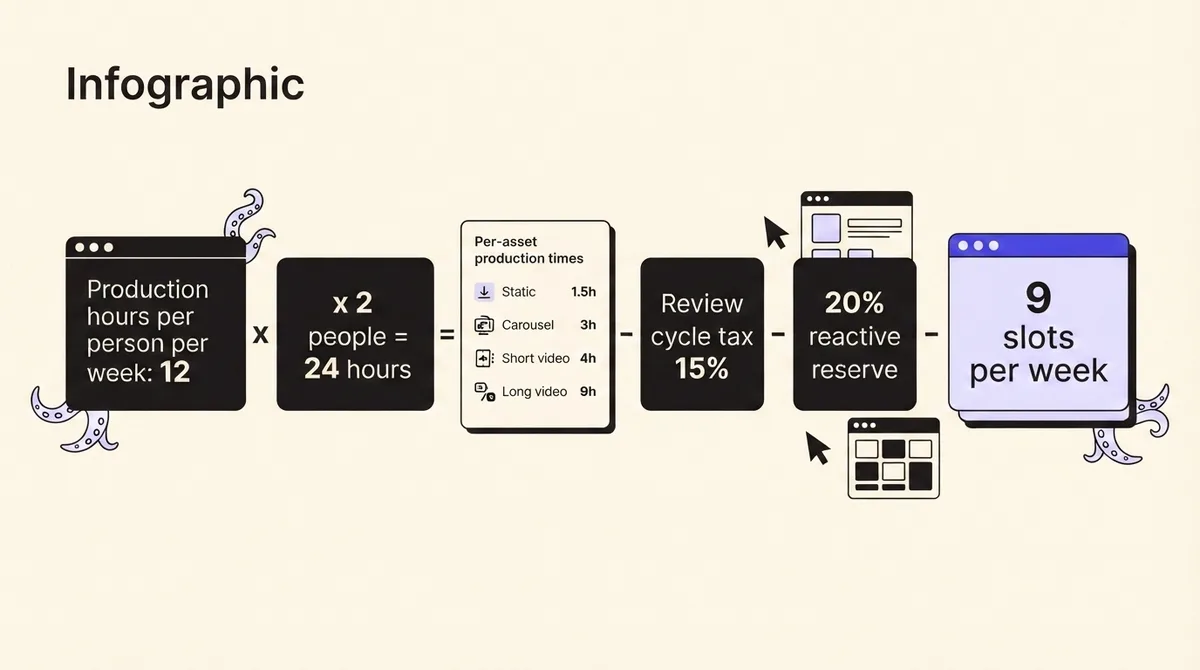 Infographic showing weekly capacity arithmetic from production hours through per-asset times, review tax and reactive reserve to a final weekly slot count