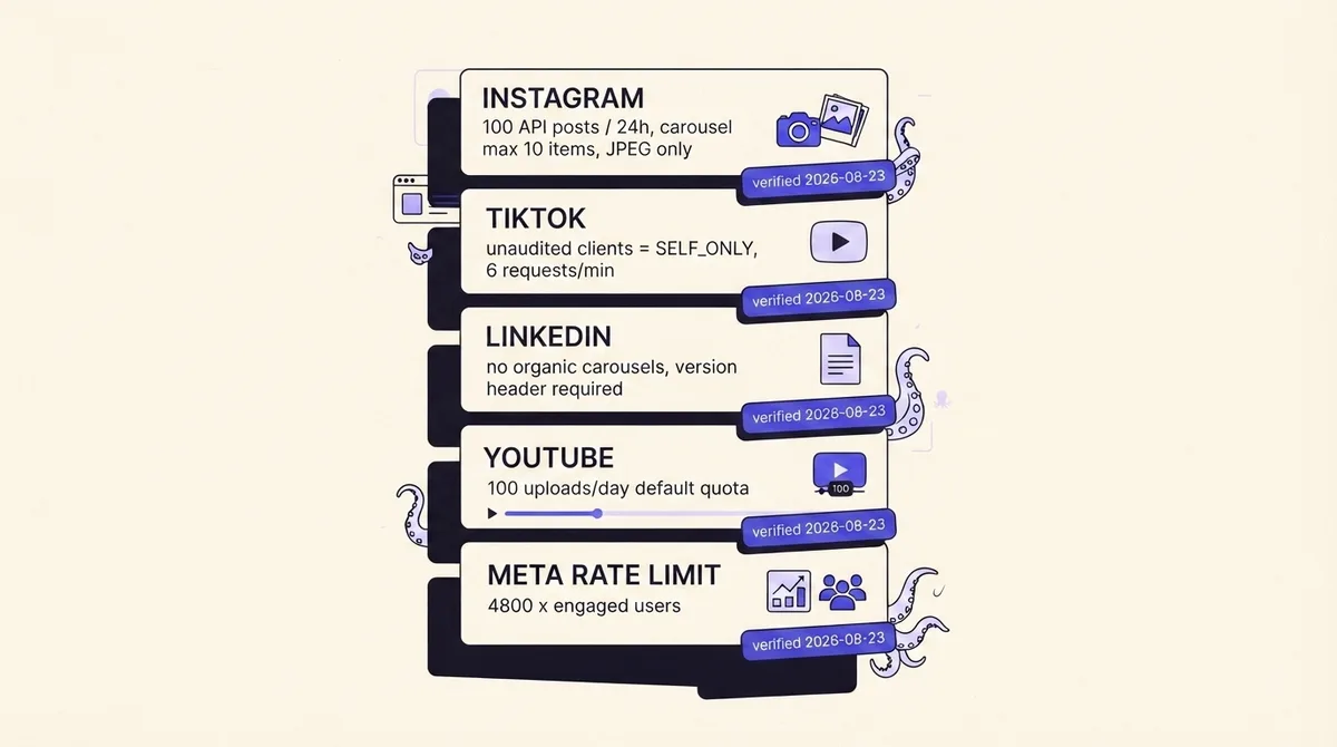 Five stacked cards listing the documented publishing limits for Instagram, TikTok, LinkedIn, YouTube, and Meta rate limiting