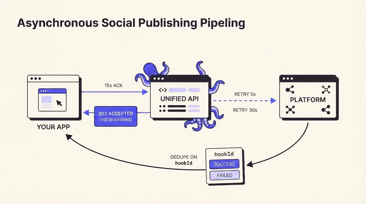 Diagram of an asynchronous publish flow returning 202 accepted, queueing to the platform, then delivering a webhook with a hookId back to the caller