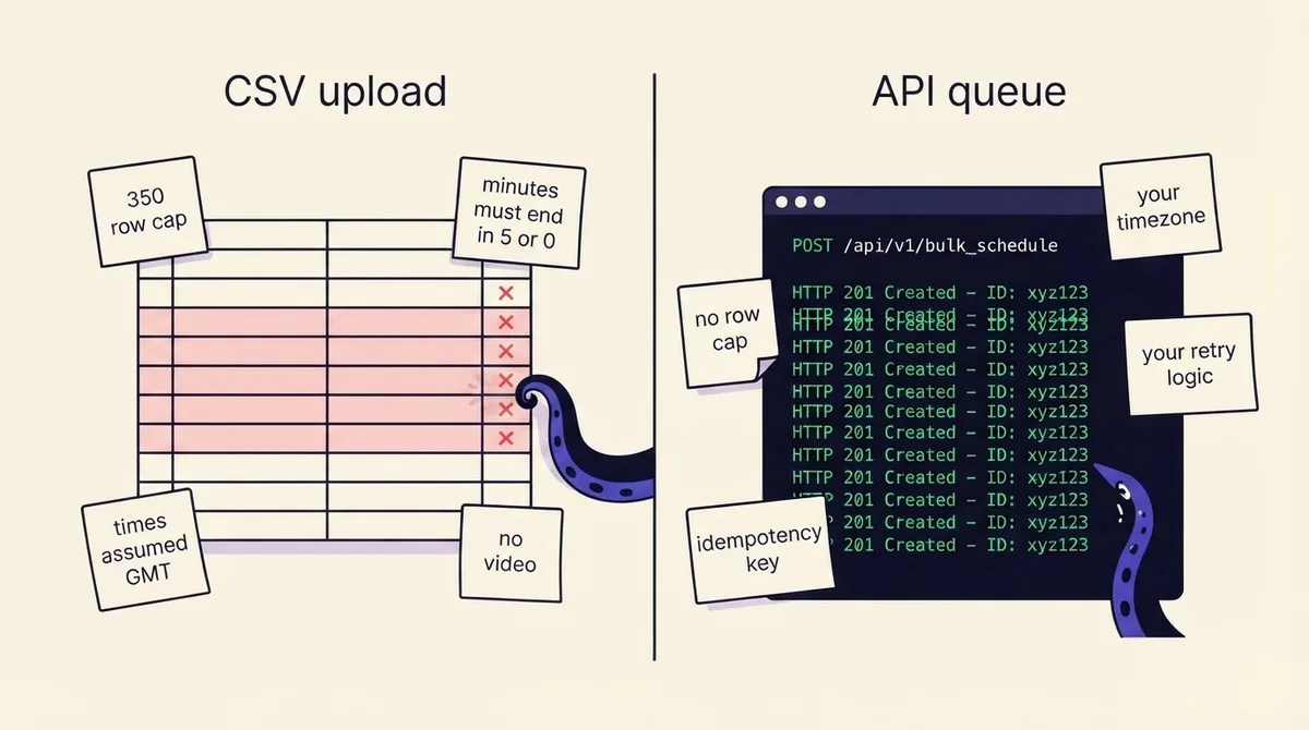 Comparison of a rejected CSV upload with red error rows next to a terminal publishing a queue through an API